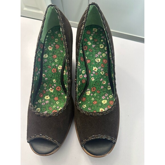 Vintage Rampage Brown Suede Peep Toe Wedge Shoes Size 9 Heels Sandals - Picture 13 of 13